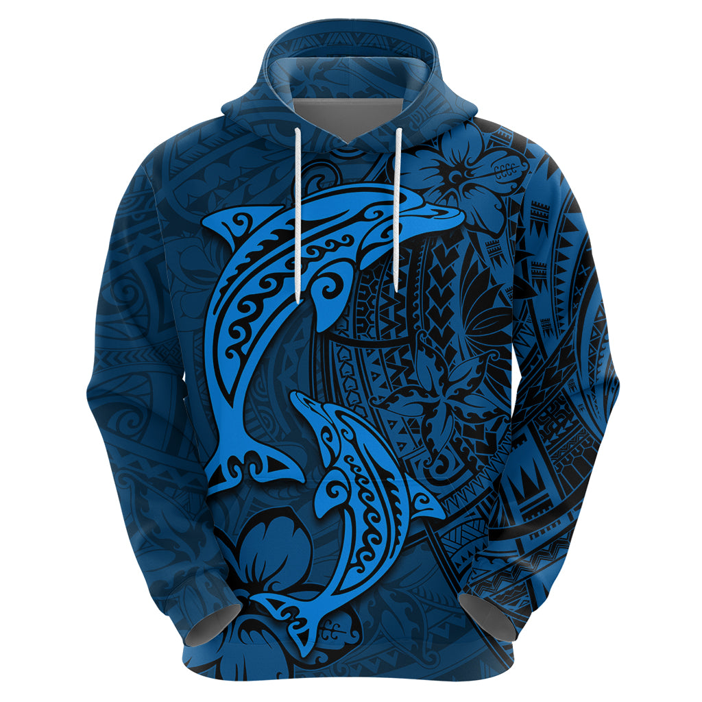 Polynesian Dolphin Valentine Day Zip Hoodie Hibiscus and Tribal Tattoo Blue Style LT03 - Polynesian Pride