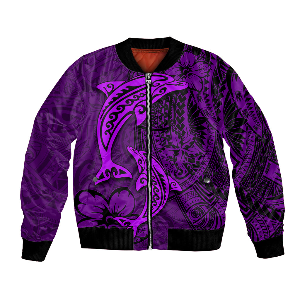 Polynesian Dolphin Valentine Day Bomber Jacket Hibiscus and Tribal Tattoo Purple Style LT03 Unisex Purple - Polynesian Pride