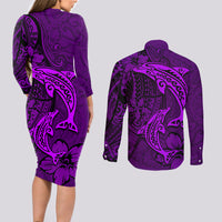 Polynesian Dolphin Valentine Day Couples Matching Long Sleeve Bodycon Dress and Long Sleeve Button Shirt Hibiscus and Tribal Tattoo Purple Style LT03 - Polynesian Pride