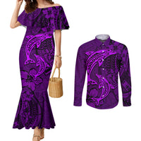 Polynesian Dolphin Valentine Day Couples Matching Mermaid Dress and Long Sleeve Button Shirt Hibiscus and Tribal Tattoo Purple Style LT03 Purple - Polynesian Pride