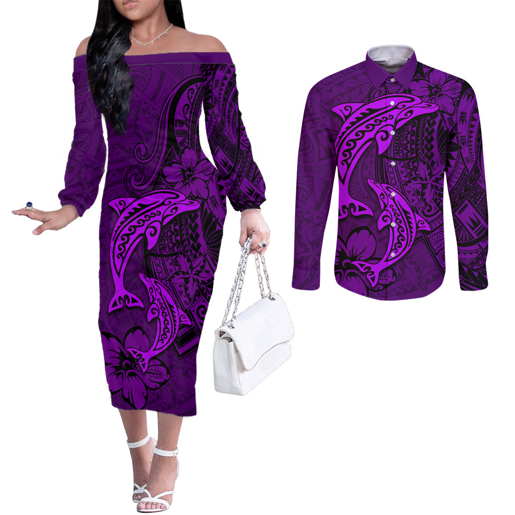 Polynesian Dolphin Valentine Day Couples Matching Off The Shoulder Long Sleeve Dress and Long Sleeve Button Shirt Hibiscus and Tribal Tattoo Purple Style LT03 Purple - Polynesian Pride
