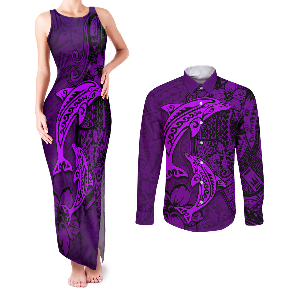 Polynesian Dolphin Valentine Day Couples Matching Tank Maxi Dress and Long Sleeve Button Shirt Hibiscus and Tribal Tattoo Purple Style LT03 Purple - Polynesian Pride