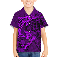 Polynesian Dolphin Valentine Day Family Matching Off Shoulder Maxi Dress and Hawaiian Shirt Hibiscus and Tribal Tattoo Purple Style LT03 Son's Shirt Purple - Polynesian Pride
