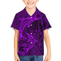 Polynesian Dolphin Valentine Day Family Matching Short Sleeve Bodycon Dress and Hawaiian Shirt Hibiscus and Tribal Tattoo Purple Style LT03 Son's Shirt Purple - Polynesian Pride