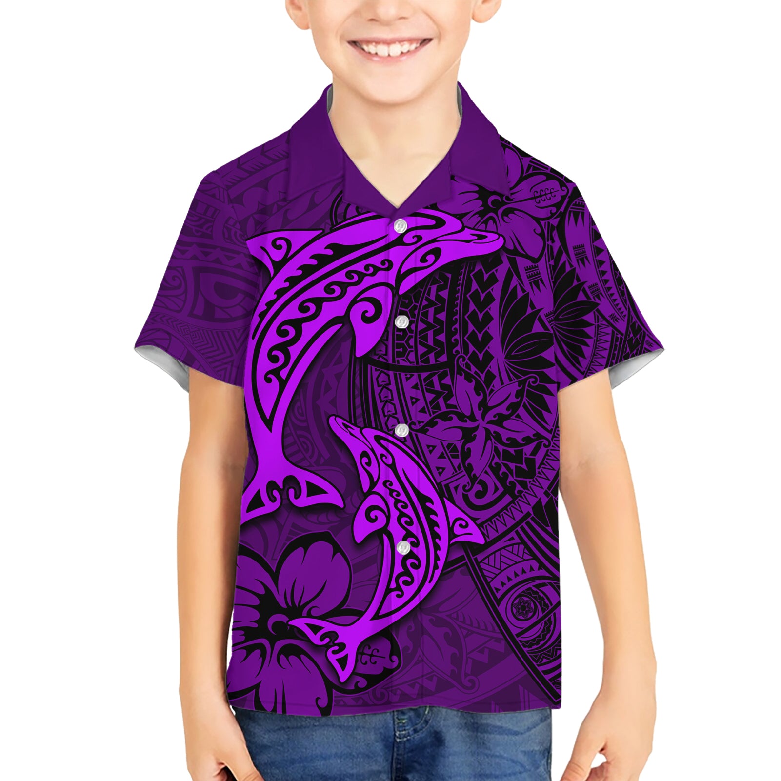 Polynesian Dolphin Valentine Day Kid Hawaiian Shirt Hibiscus and Tribal Tattoo Purple Style LT03 Kid Purple - Polynesian Pride
