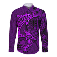 Polynesian Dolphin Valentine Day Long Sleeve Button Shirt Hibiscus and Tribal Tattoo Purple Style LT03 Unisex Purple - Polynesian Pride