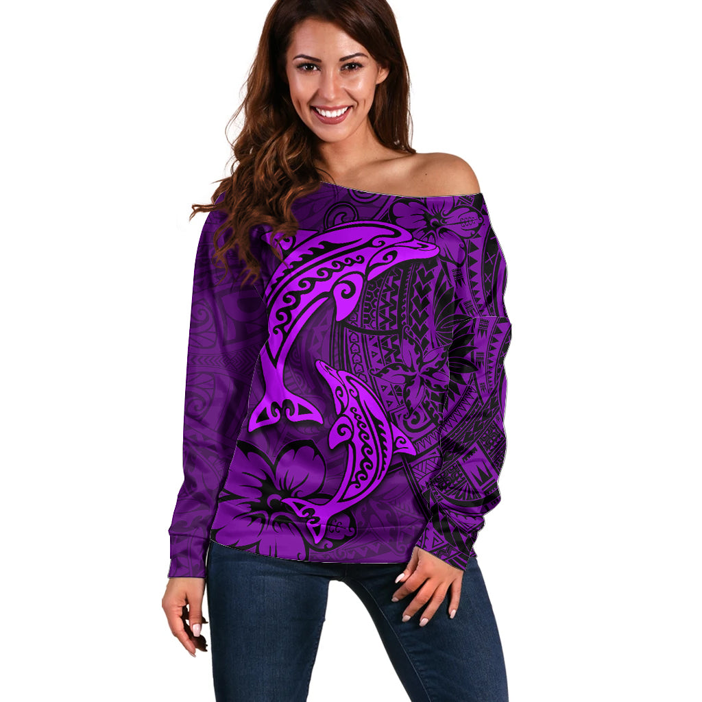 Polynesian Dolphin Valentine Day Off Shoulder Sweater Hibiscus and Tribal Tattoo Purple Style LT03 Women Purple - Polynesian Pride