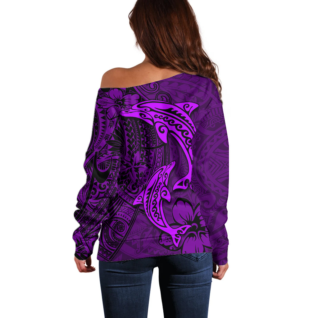 Polynesian Dolphin Valentine Day Off Shoulder Sweater Hibiscus and Tribal Tattoo Purple Style LT03 - Polynesian Pride