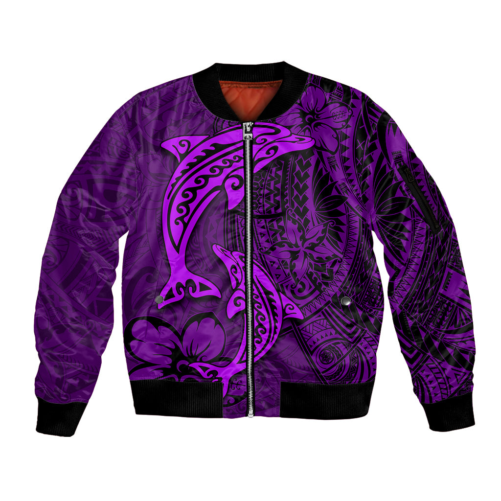 Polynesian Dolphin Valentine Day Sleeve Zip Bomber Jacket Hibiscus and Tribal Tattoo Purple Style LT03 Unisex Purple - Polynesian Pride