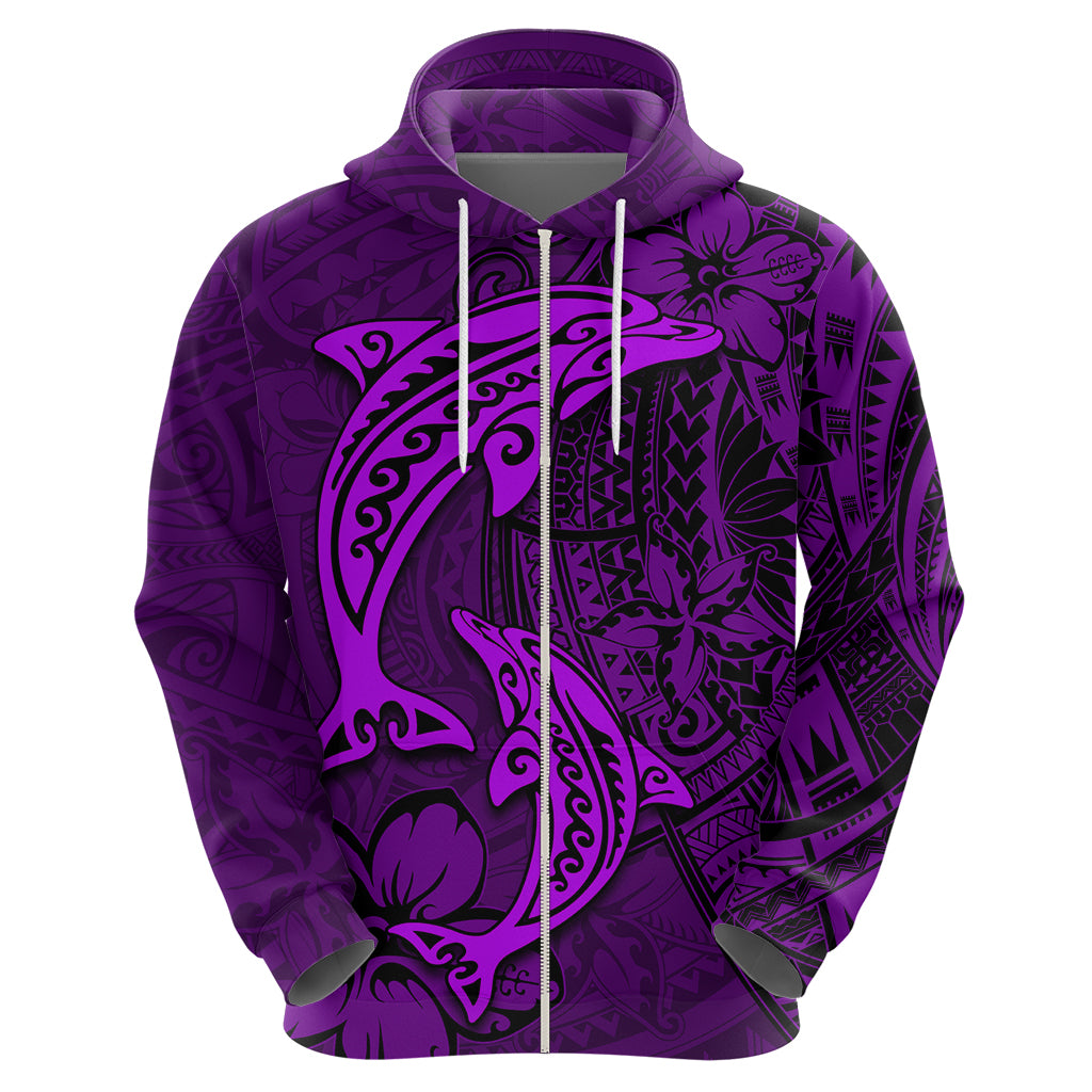Polynesian Dolphin Valentine Day Zip Hoodie Hibiscus and Tribal Tattoo Purple Style LT03 - Polynesian Pride
