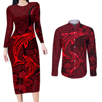 Polynesian Dolphin Valentine Day Couples Matching Long Sleeve Bodycon Dress and Long Sleeve Button Shirt Hibiscus and Tribal Tattoo Red Style LT03 Red - Polynesian Pride