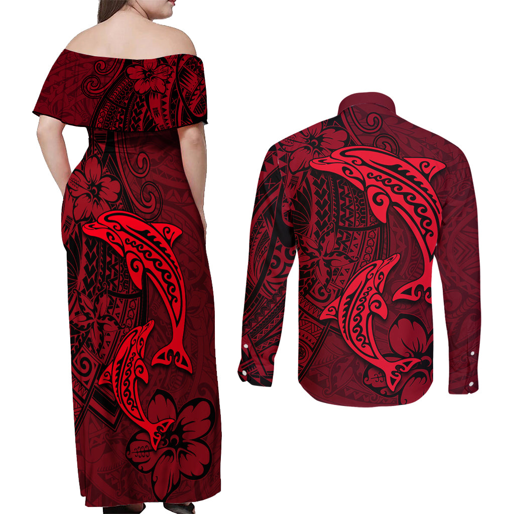 Polynesian Dolphin Valentine Day Couples Matching Off Shoulder Maxi Dress and Long Sleeve Button Shirt Hibiscus and Tribal Tattoo Red Style LT03 - Polynesian Pride