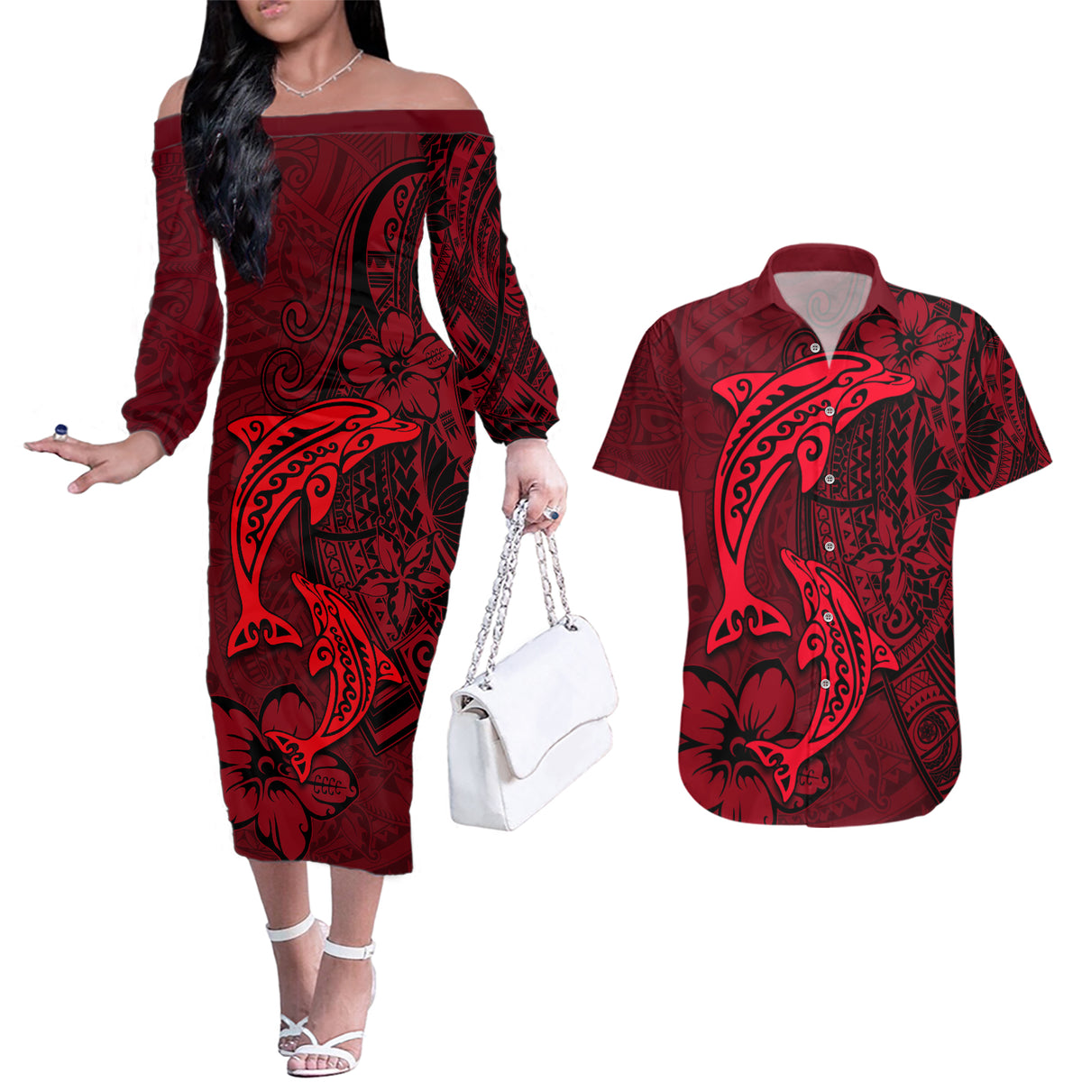 Polynesian Dolphin Valentine Day Couples Matching Off The Shoulder Long Sleeve Dress and Hawaiian Shirt Hibiscus and Tribal Tattoo Red Style LT03 Red - Polynesian Pride