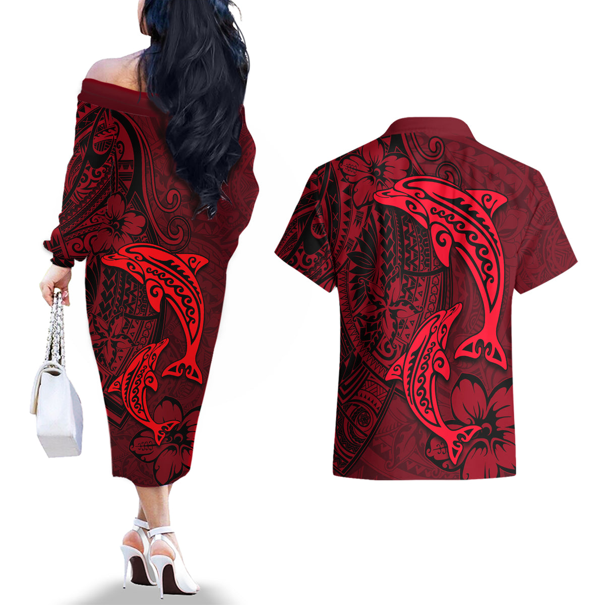 Polynesian Dolphin Valentine Day Couples Matching Off The Shoulder Long Sleeve Dress and Hawaiian Shirt Hibiscus and Tribal Tattoo Red Style LT03 - Polynesian Pride