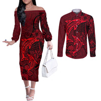 Polynesian Dolphin Valentine Day Couples Matching Off The Shoulder Long Sleeve Dress and Long Sleeve Button Shirt Hibiscus and Tribal Tattoo Red Style LT03 Red - Polynesian Pride