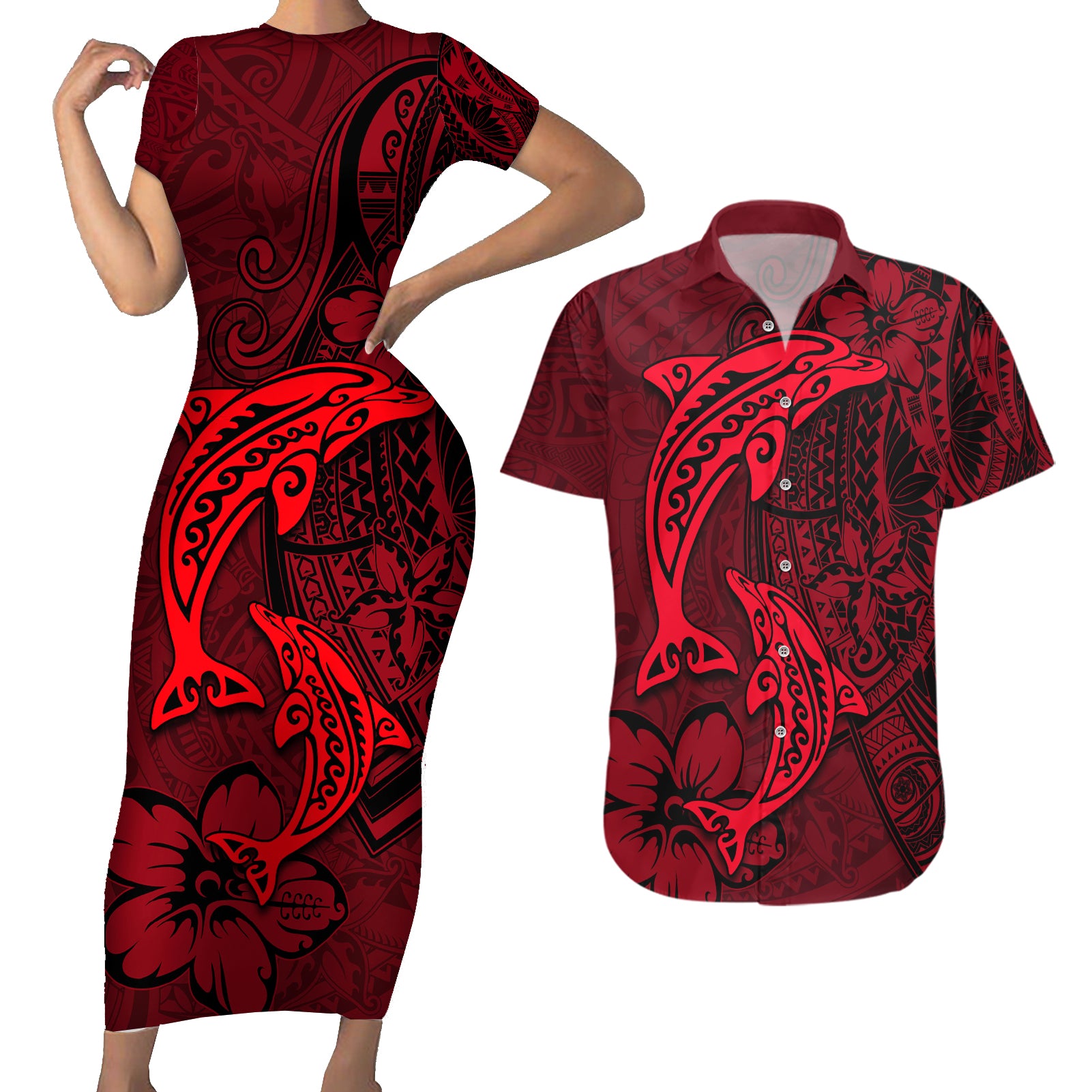 Polynesian Dolphin Valentine Day Couples Matching Short Sleeve Bodycon Dress and Hawaiian Shirt Hibiscus and Tribal Tattoo Red Style LT03 Red - Polynesian Pride