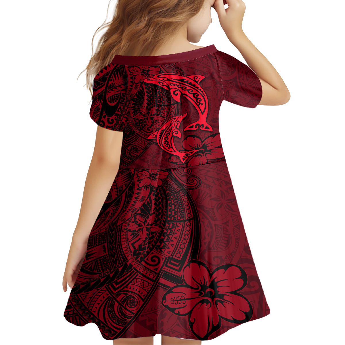 Polynesian Dolphin Valentine Day Family Matching Long Sleeve Bodycon Dress and Hawaiian Shirt Hibiscus and Tribal Tattoo Red Style LT03 - Polynesian Pride