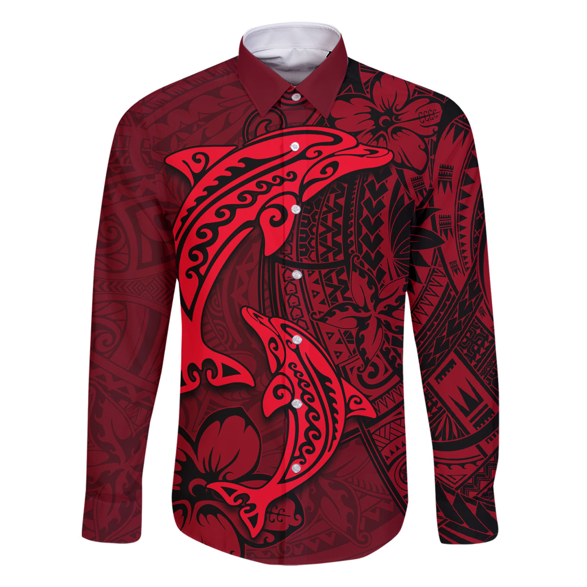 Polynesian Dolphin Valentine Day Family Matching Long Sleeve Bodycon Dress and Hawaiian Shirt Hibiscus and Tribal Tattoo Red Style LT03 Dad's Shirt - Long Sleeve Red - Polynesian Pride