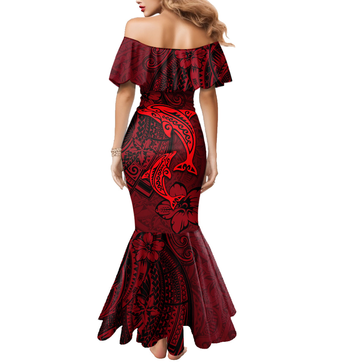 Polynesian Dolphin Valentine Day Family Matching Mermaid Dress and Hawaiian Shirt Hibiscus and Tribal Tattoo Red Style LT03 - Polynesian Pride