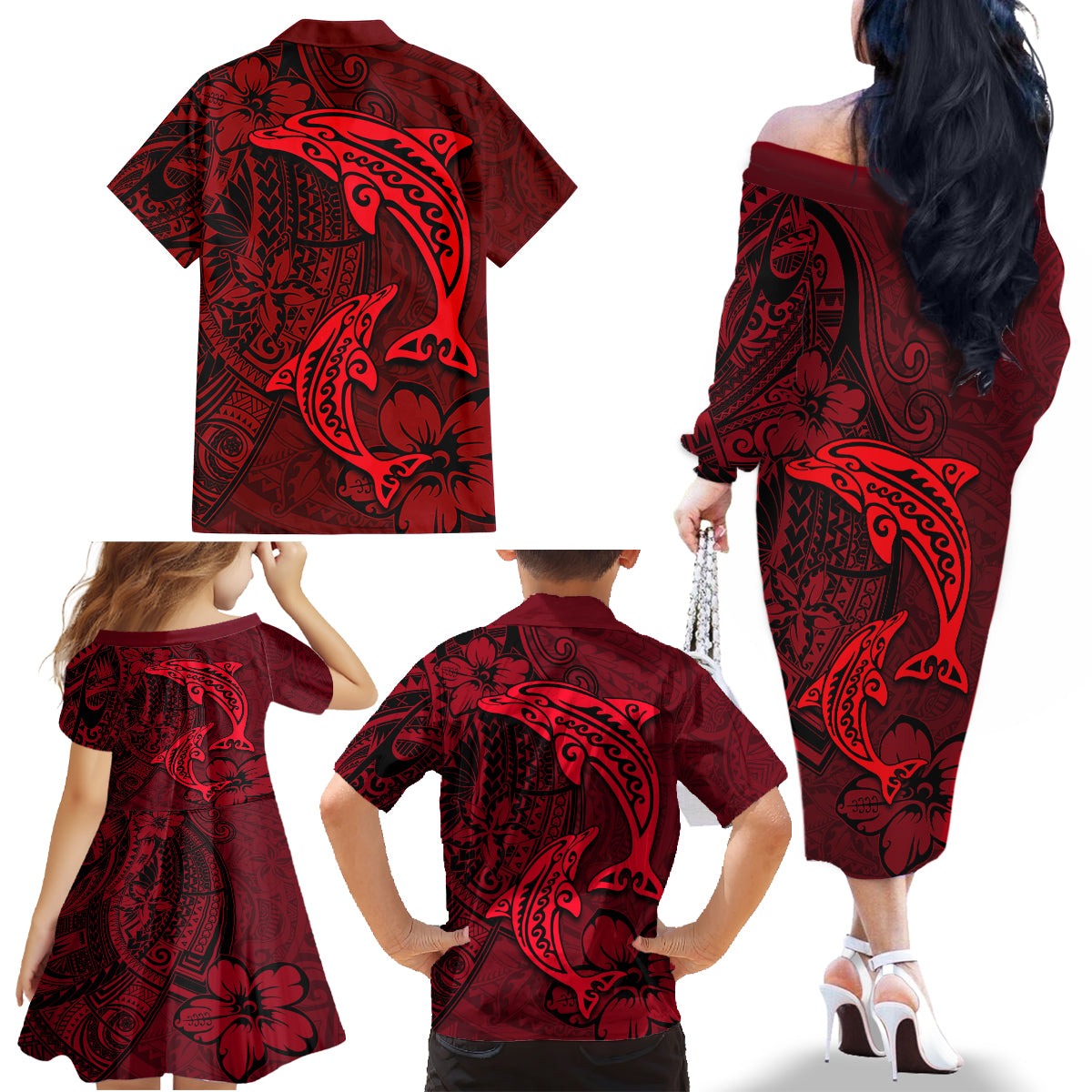Polynesian Dolphin Valentine Day Family Matching Off Shoulder Long Sleeve Dress and Hawaiian Shirt Hibiscus and Tribal Tattoo Red Style LT03 - Polynesian Pride