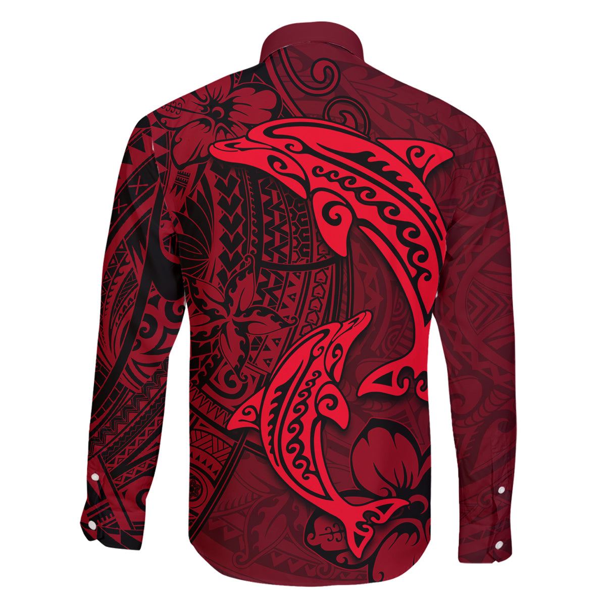 Polynesian Dolphin Valentine Day Family Matching Off Shoulder Long Sleeve Dress and Hawaiian Shirt Hibiscus and Tribal Tattoo Red Style LT03 - Polynesian Pride
