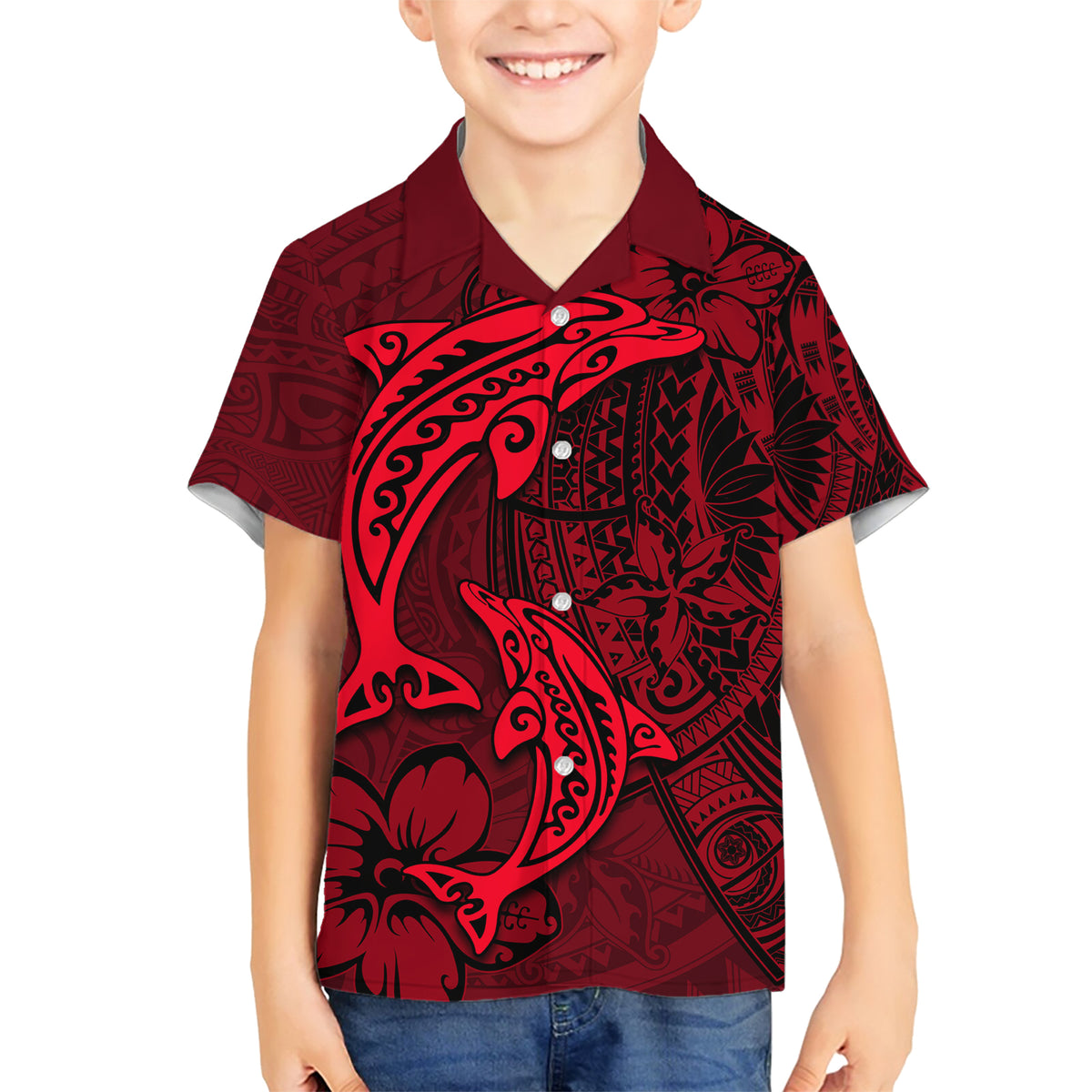 Polynesian Dolphin Valentine Day Family Matching Short Sleeve Bodycon Dress and Hawaiian Shirt Hibiscus and Tribal Tattoo Red Style LT03 Son's Shirt Red - Polynesian Pride