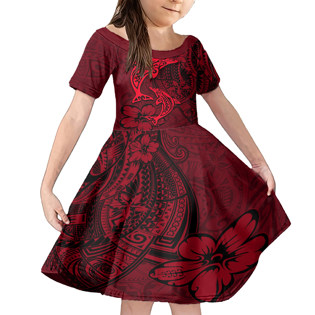 Polynesian Dolphin Valentine Day Family Matching Summer Maxi Dress and Hawaiian Shirt Hibiscus and Tribal Tattoo Red Style LT03 Daughter's Dress Red - Polynesian Pride