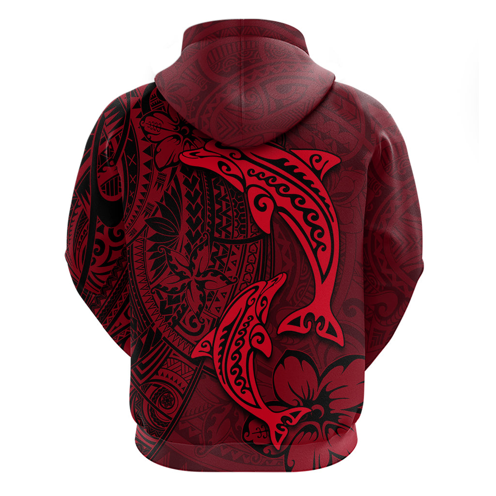 Polynesian Dolphin Valentine Day Hoodie Hibiscus and Tribal Tattoo Red Style LT03 - Polynesian Pride