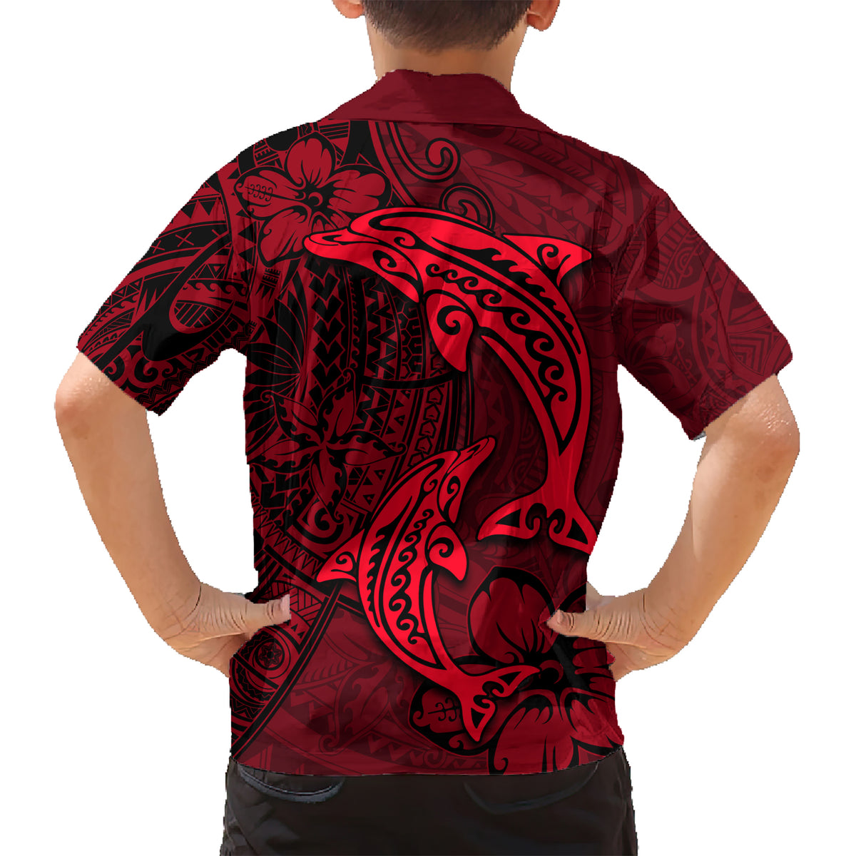 Polynesian Dolphin Valentine Day Kid Hawaiian Shirt Hibiscus and Tribal Tattoo Red Style LT03 - Polynesian Pride