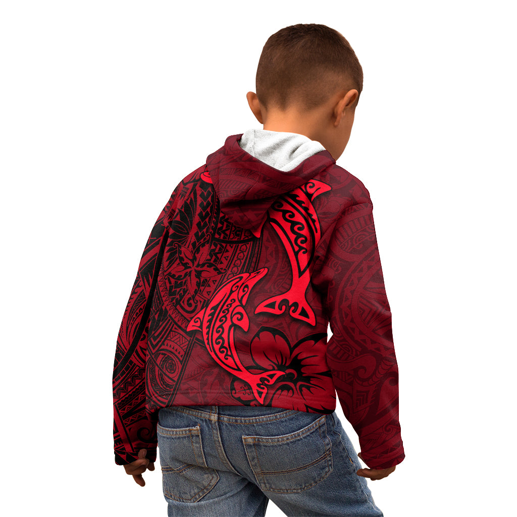 Polynesian Dolphin Valentine Day Kid Hoodie Hibiscus and Tribal Tattoo Red Style LT03 - Polynesian Pride