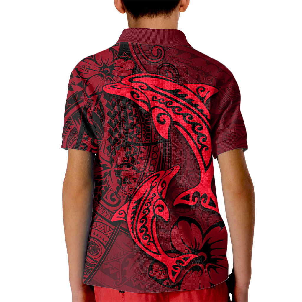 Polynesian Dolphin Valentine Day Kid Polo Shirt Hibiscus and Tribal Tattoo Red Style LT03 - Polynesian Pride
