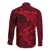 Polynesian Dolphin Valentine Day Long Sleeve Button Shirt Hibiscus and Tribal Tattoo Red Style LT03 - Polynesian Pride