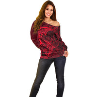 Polynesian Dolphin Valentine Day Off Shoulder Sweater Hibiscus and Tribal Tattoo Red Style LT03 - Polynesian Pride