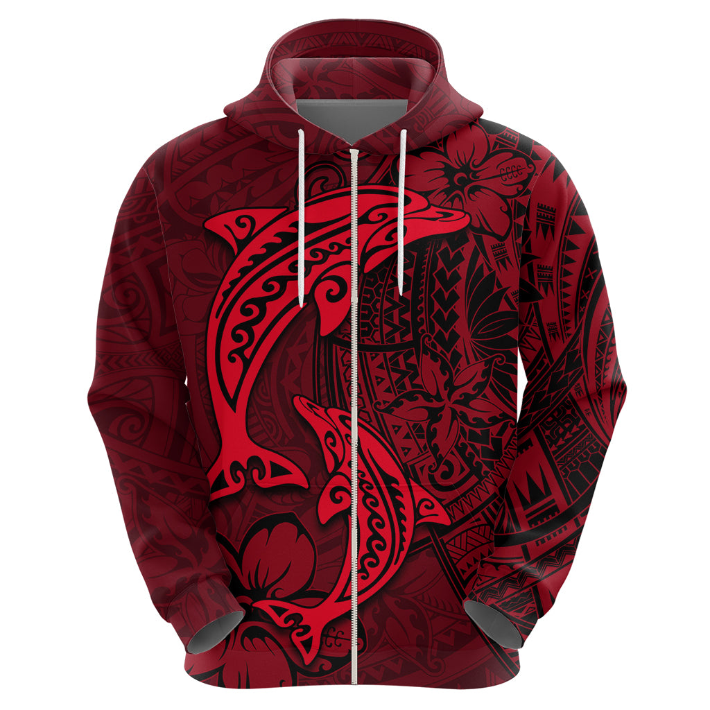 Polynesian Dolphin Valentine Day Zip Hoodie Hibiscus and Tribal Tattoo Red Style LT03 - Polynesian Pride