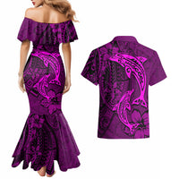 Polynesian Dolphin Valentine Day Couples Matching Mermaid Dress and Hawaiian Shirt Hibiscus and Tribal Tattoo Pink Style LT03 - Polynesian Pride