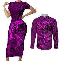 Polynesian Dolphin Valentine Day Couples Matching Short Sleeve Bodycon Dress and Long Sleeve Button Shirt Hibiscus and Tribal Tattoo Pink Style LT03 Pink - Polynesian Pride