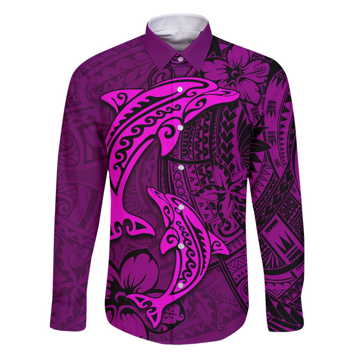 Polynesian Dolphin Valentine Day Family Matching Off Shoulder Maxi Dress and Hawaiian Shirt Hibiscus and Tribal Tattoo Pink Style LT03 Dad's Shirt - Long Sleeve Pink - Polynesian Pride