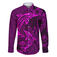 Polynesian Dolphin Valentine Day Family Matching Off Shoulder Maxi Dress and Hawaiian Shirt Hibiscus and Tribal Tattoo Pink Style LT03 Dad's Shirt - Long Sleeve Pink - Polynesian Pride