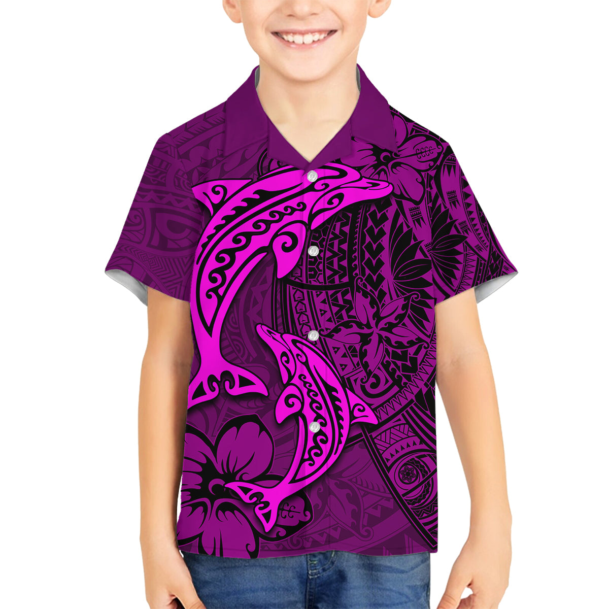 Polynesian Dolphin Valentine Day Family Matching Off Shoulder Short Dress and Hawaiian Shirt Hibiscus and Tribal Tattoo Pink Style LT03 Son's Shirt Pink - Polynesian Pride