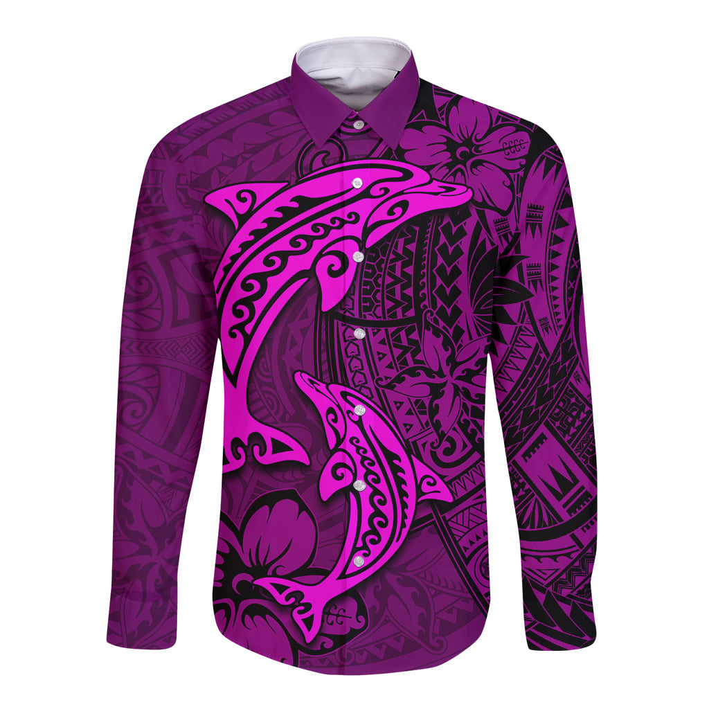 Polynesian Dolphin Valentine Day Long Sleeve Button Shirt Hibiscus and Tribal Tattoo Pink Style LT03 Unisex Pink - Polynesian Pride