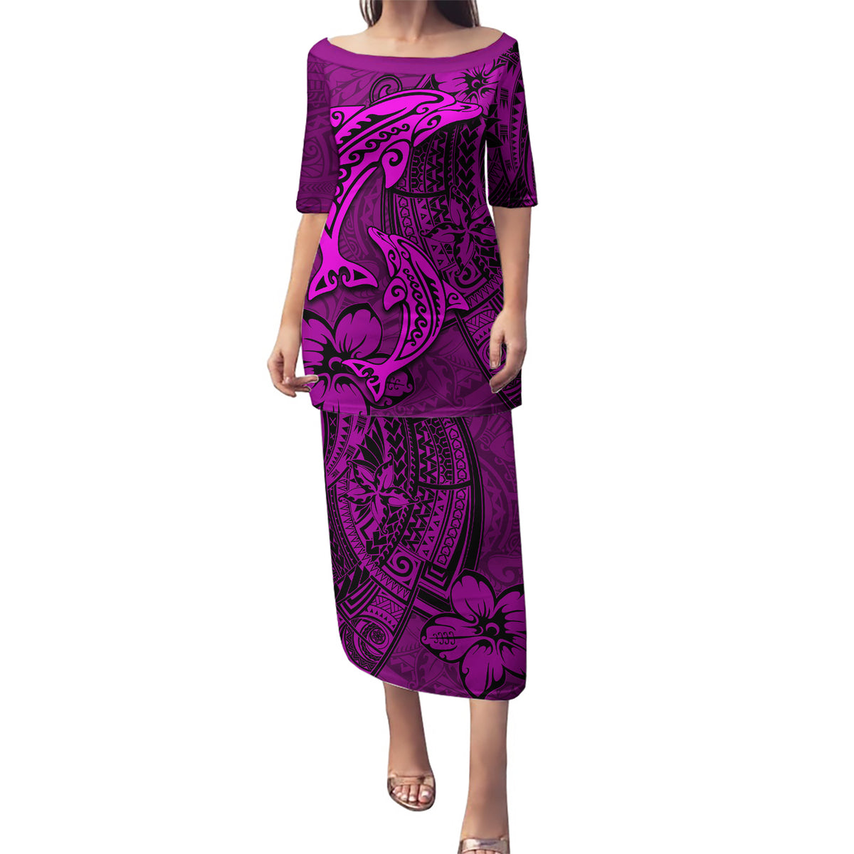 Polynesian Dolphin Valentine Day Puletasi Hibiscus and Tribal Tattoo Pink Style LT03 Long Dress Pink - Polynesian Pride