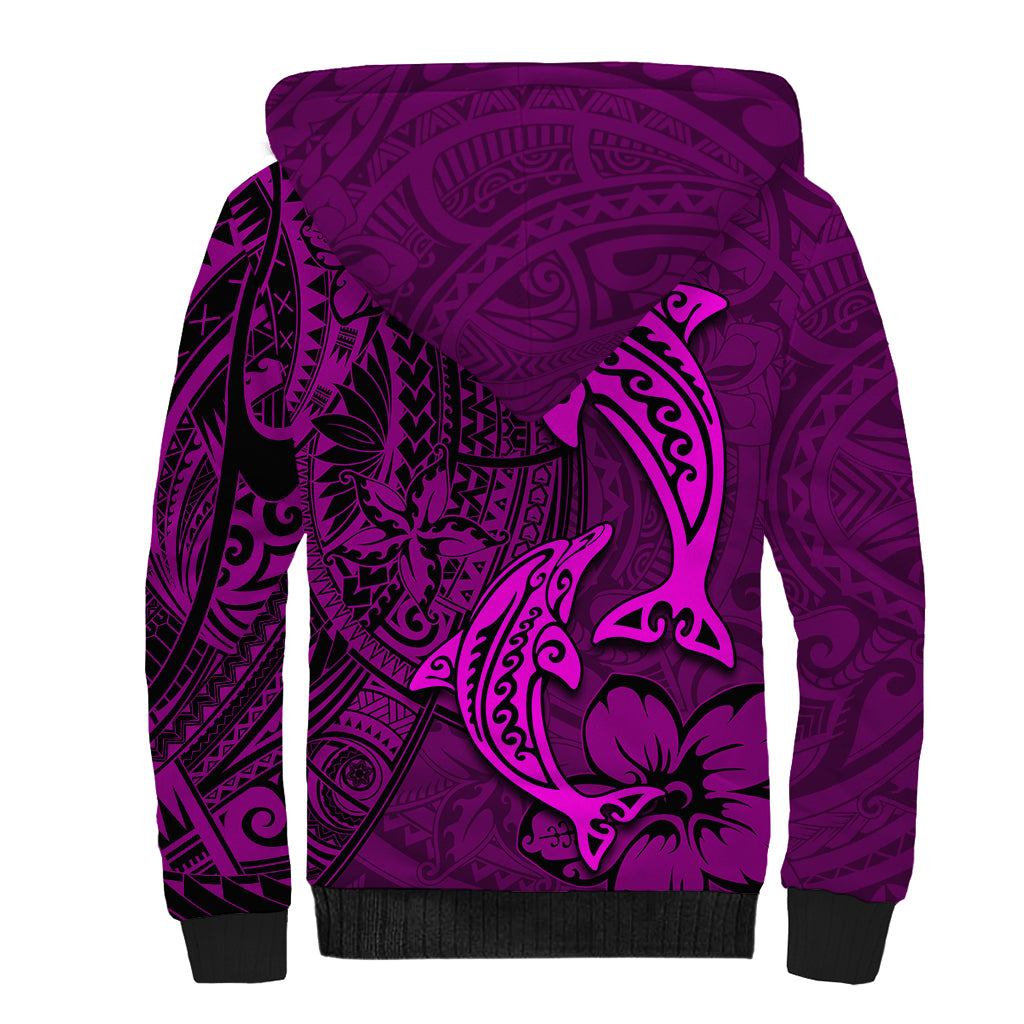 Polynesian Dolphin Valentine Day Sherpa Hoodie Hibiscus and Tribal Tattoo Pink Style LT03 - Polynesian Pride