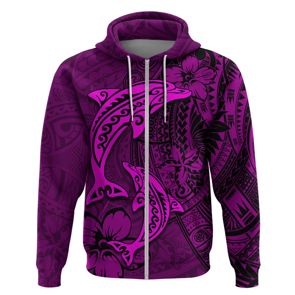 Polynesian Dolphin Valentine Day Zip Hoodie Hibiscus and Tribal Tattoo Pink Style LT03 Zip Hoodie Pink - Polynesian Pride