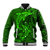 Polynesian Dolphin Valentine Day Baseball Jacket Hibiscus and Tribal Tattoo Green Style LT03 Unisex Green - Polynesian Pride