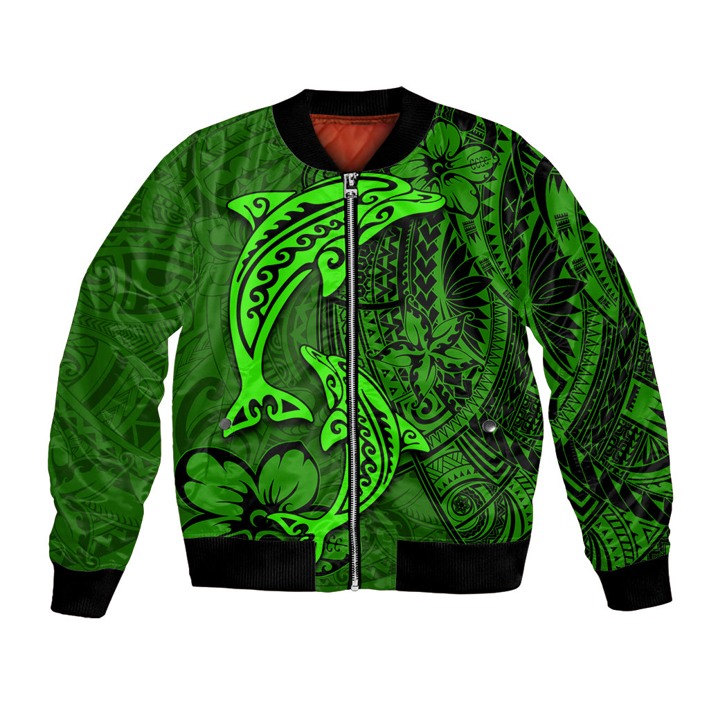 Polynesian Dolphin Valentine Day Bomber Jacket Hibiscus and Tribal Tattoo Green Style LT03 Unisex Green - Polynesian Pride