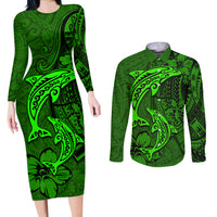 Polynesian Dolphin Valentine Day Couples Matching Long Sleeve Bodycon Dress and Long Sleeve Button Shirt Hibiscus and Tribal Tattoo Green Style LT03 Green - Polynesian Pride