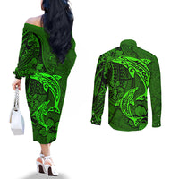 Polynesian Dolphin Valentine Day Couples Matching Off The Shoulder Long Sleeve Dress and Long Sleeve Button Shirt Hibiscus and Tribal Tattoo Green Style LT03 - Polynesian Pride