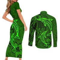 Polynesian Dolphin Valentine Day Couples Matching Short Sleeve Bodycon Dress and Long Sleeve Button Shirt Hibiscus and Tribal Tattoo Green Style LT03 - Polynesian Pride