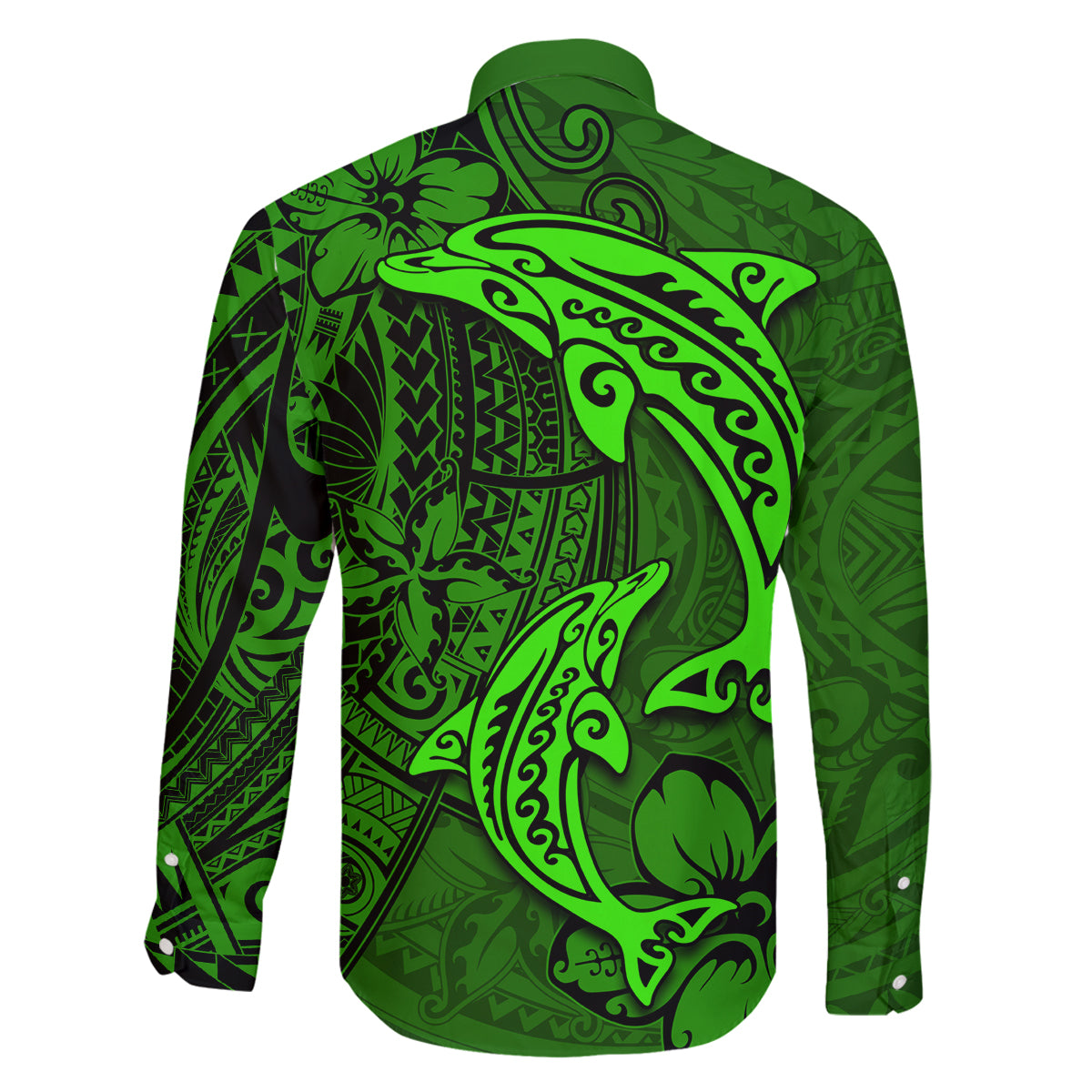 Polynesian Dolphin Valentine Day Family Matching Long Sleeve Bodycon Dress and Hawaiian Shirt Hibiscus and Tribal Tattoo Green Style LT03 - Polynesian Pride