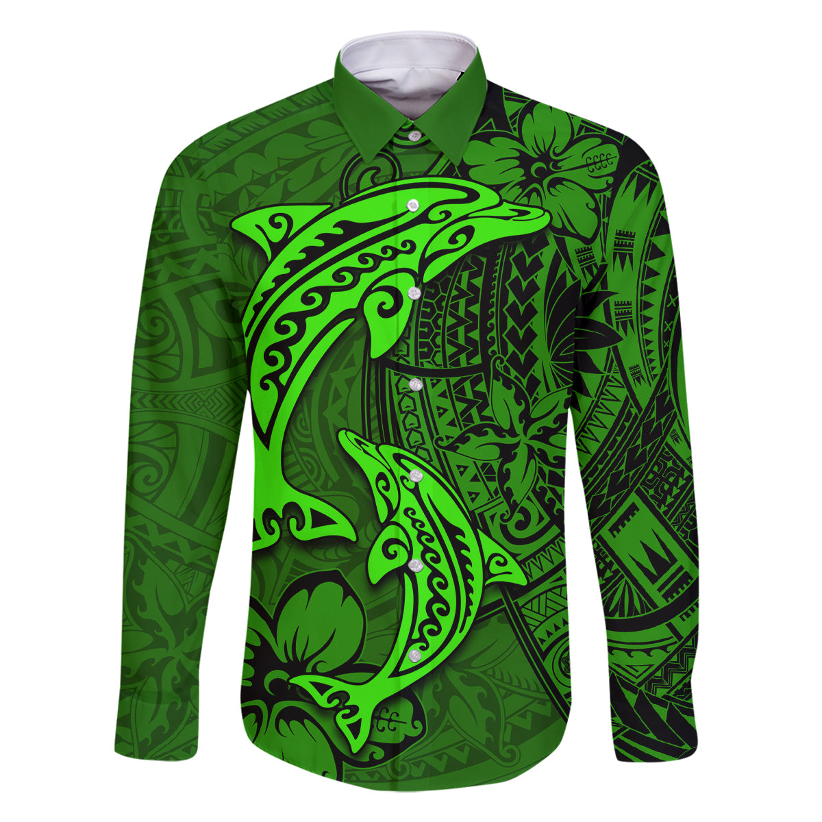Polynesian Dolphin Valentine Day Family Matching Off Shoulder Short Dress and Hawaiian Shirt Hibiscus and Tribal Tattoo Green Style LT03 Dad's Shirt - Long Sleeve Green - Polynesian Pride